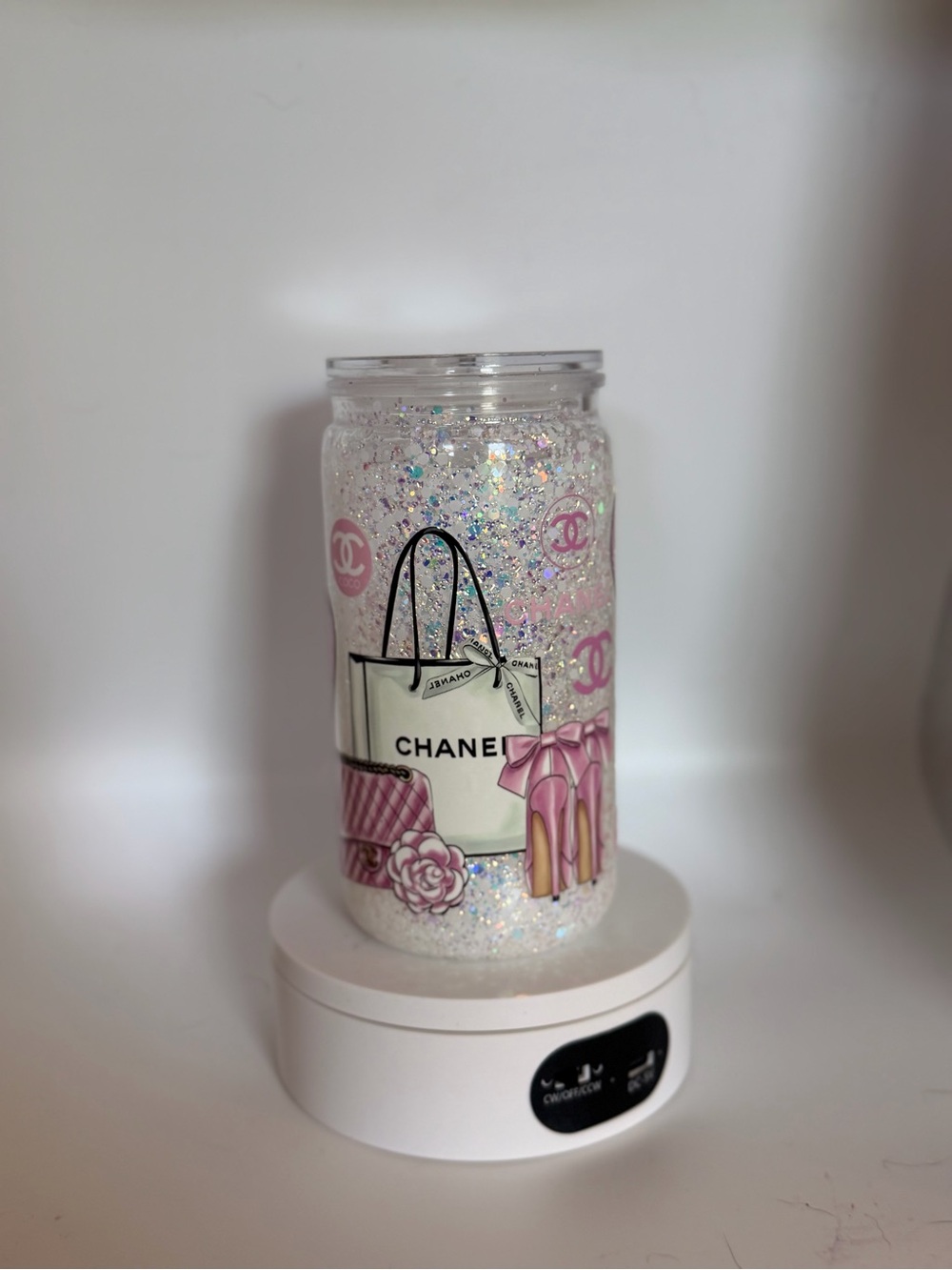 CHANEL Pink and Silver Glitter Logo Tumbler